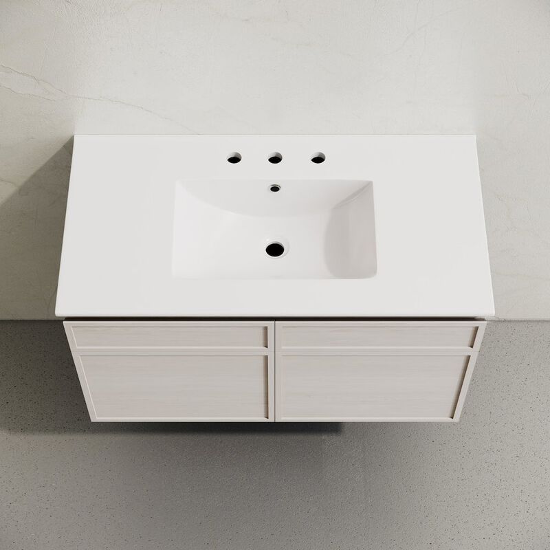 36" Wall-Mounted Bathroom Vanity in White Oak with 3-Hole Widespread Sink Top image number 2
