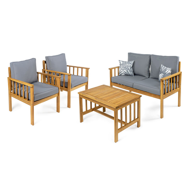Everly 4-Piece Modern Cottage Acacia Wood Outdoor Patio Set with Cushions and Tropical Decorative Pillows