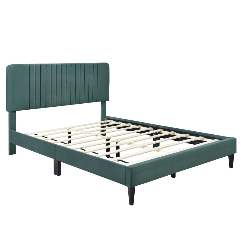 Queen Size Upholstered Platform Bed,No Box Spring Needed, Velvet Fabric,Green