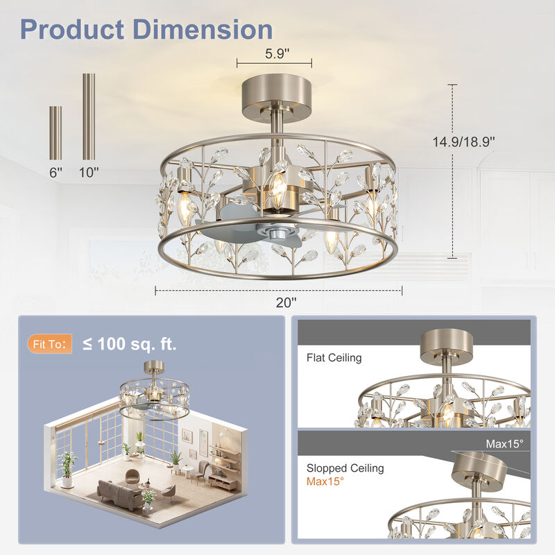 Breezary 20" Industrial Caged Ceiling Fan with Light, DC Motor, 5 E12 Base, 6 Speed Remote,Quiet 5 Blade image number 4