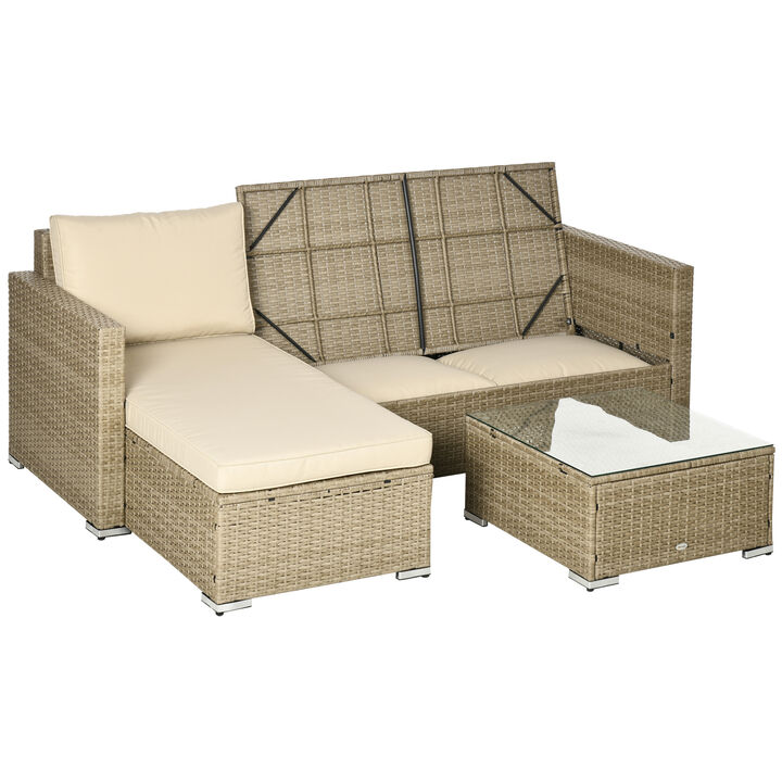 Outsunny Rattan Wicker Furniture Set with Storage and Thick Cushion, Khaki