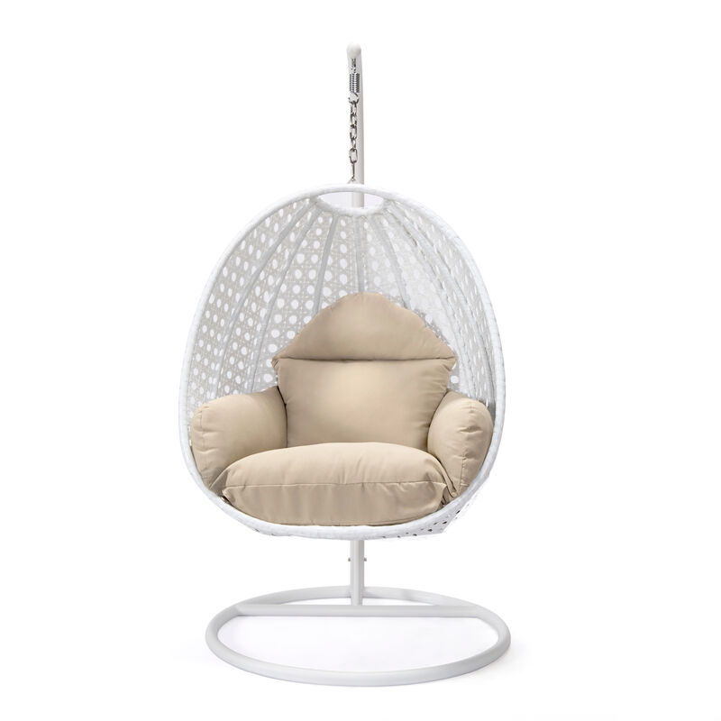 LeisureMod White Wicker Hanging Egg Swing Chair - Modern Outdoor Patio Chair for Porch, Balcony & Garden | Comfortable, Stylish, Durable