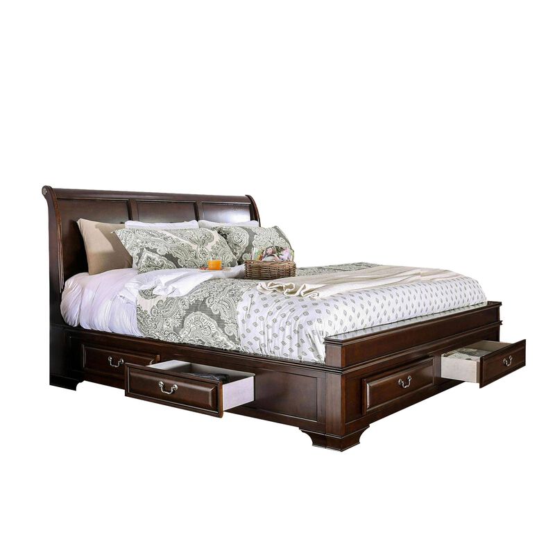 Transitional California King Wooden Bed with Multiple Bottom Drawers, Brown-Benzara image number 1