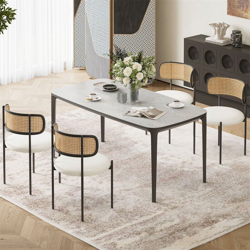 PU Leather Upholstered Seat Rattan Backrest Dining Chairs Set of 4 image number 2