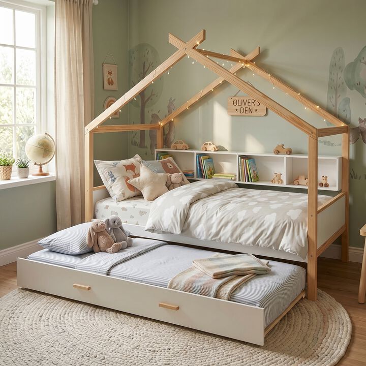 Merax win House-Shaped Kids Bed with Pull-Out Trundle, 4 Built-In Bookshelves