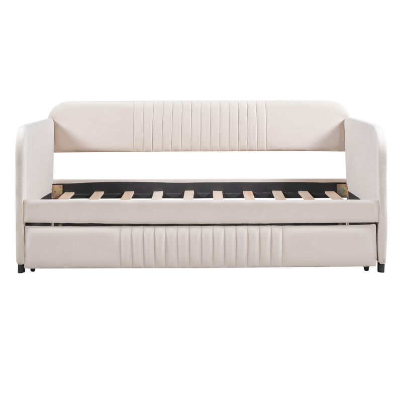 Upholstered Daybed Sofa Bed Twin Size With Trundle Bed and Wood Slat, Beige