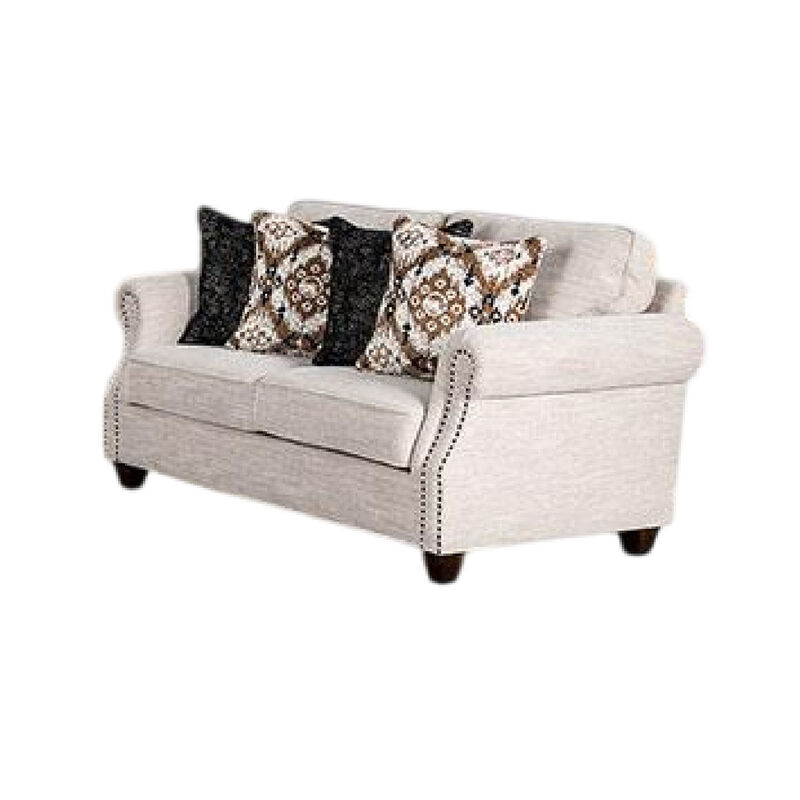 Serra 2pc Sofa and Loveseat Set, 9 Accent Pillows, Greige Polyester - Benzara