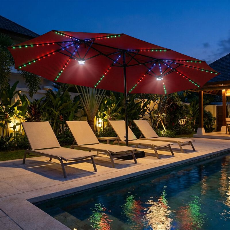 heavy duty patio umbrella with lights PHI VILLA 15ft Large Base & Solar Lights,Rectangle,Navy Premium Canopy Lighted Patio Umbrellas | Outdoor