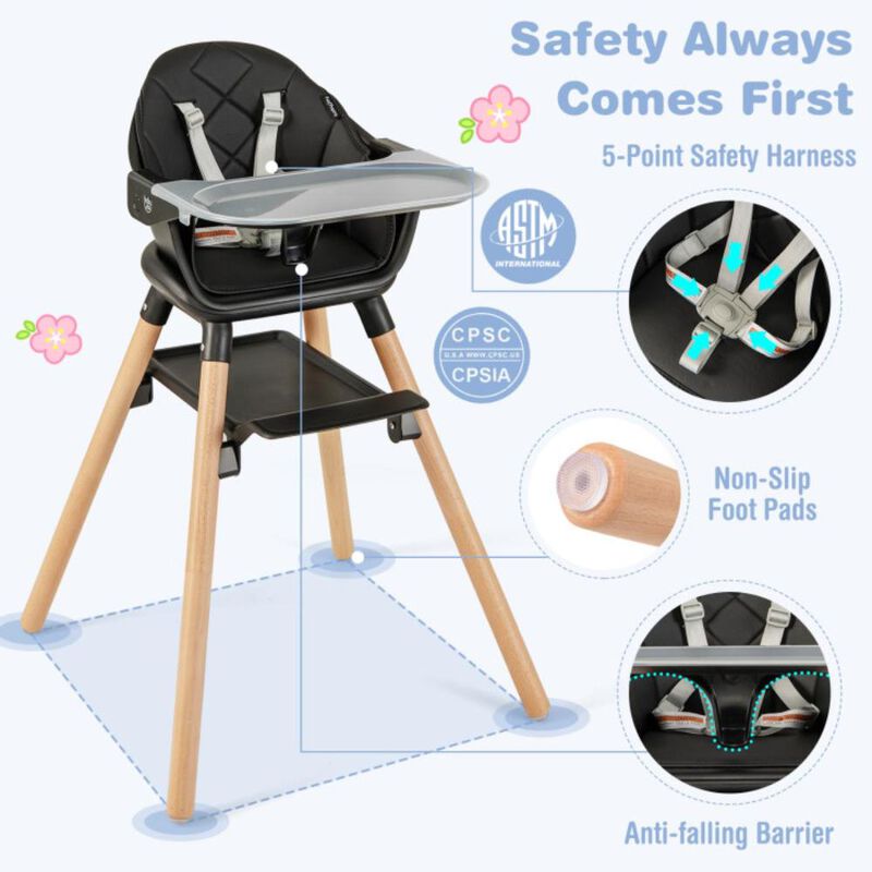 Hivvago 6 in 1 Convertible Highchair with Safety Harness and Removable Tray