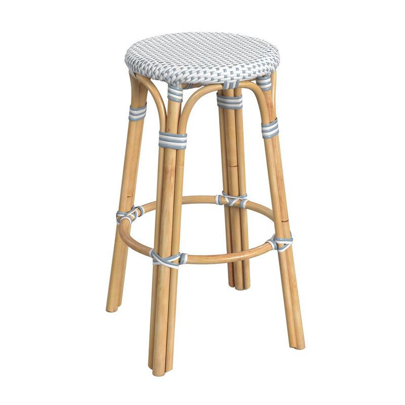 Butler Specialty Tobias Round Rattan 30 Bar Stool, White and Sky Blue Dot