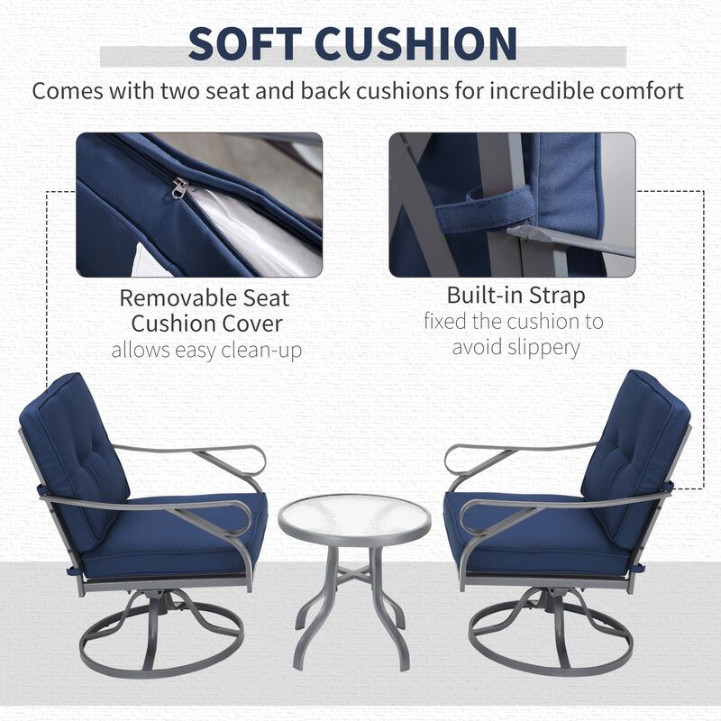 Blue Patio Bistro Set: 3-Piece Swivel Rockers, Glass Table