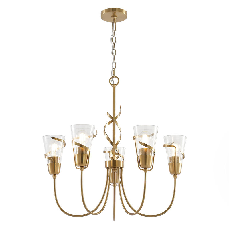 26 in. 5-Light Plated Gold Chandelier with Seeded Glass Shade