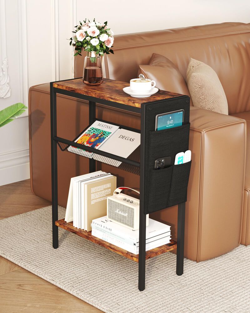 Yusong Small Narrow Side Table for Small Spaces, Slim End Table with Storage Bag, Sofa Snack Table with Adjustable Metal Mesh, 3