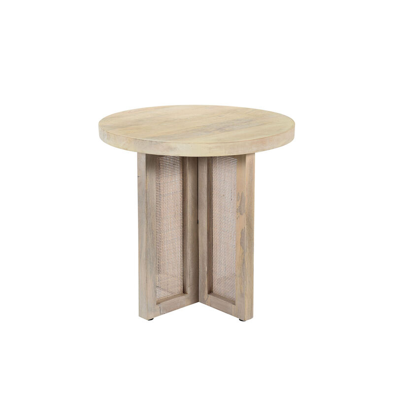 Hivvago 22 Inch Natural Solid Wood And Rattan Round End Table