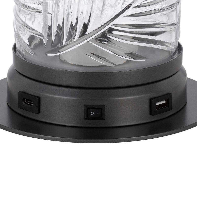 Hem 9 Inch Accent Lamp, LED, Leaf Pattern Glass Shade, Gray Metal Finish - Benzara