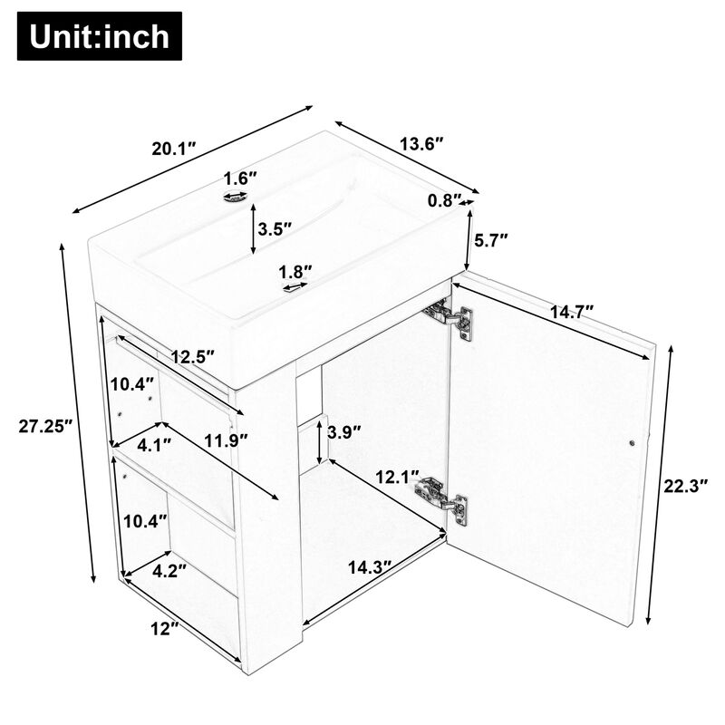 ELEMENT ACE Compact 20-Inch Bathroom Vanity with Diamond Pattern Door Design and Side Storage Shelves for Small Space Organization image number 2