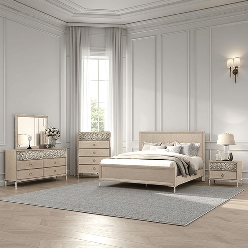 Kaira 5pc Queen Bedroom Set, Chest, Dresser Mirror, Natural Oak Brown - Benzara