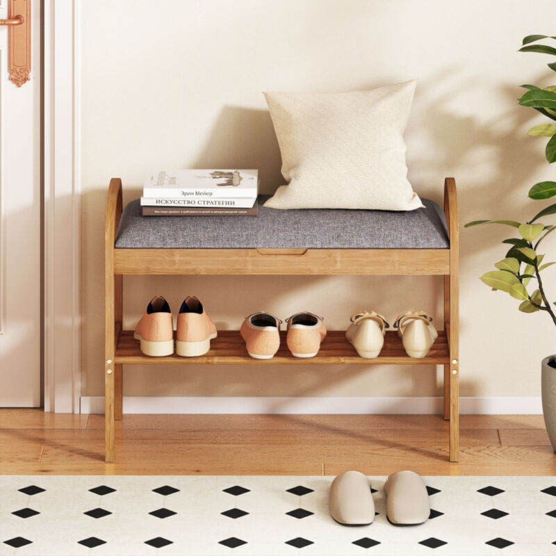 Entryway Wicker Shoe Bench with 2-Tier Storage and Soft Cushion-Natural image number 1