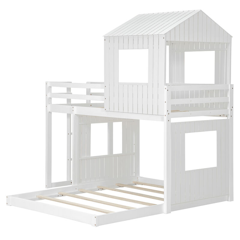 Merax Wooden Twin Over Full Bunk Bed with Playhouse Design