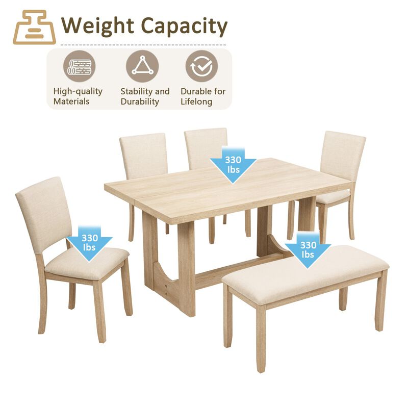 6 Piece Dining Table Set with Bench, rectangular dining table set with bench and 4 chairs, modern wooden dining table set for kitchen image number 5