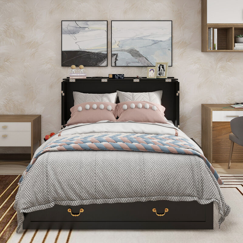 Queen Murphy Bed, Murphy Bed with Drawer Includes Storage Cabinet,USB and Charging Port,Black