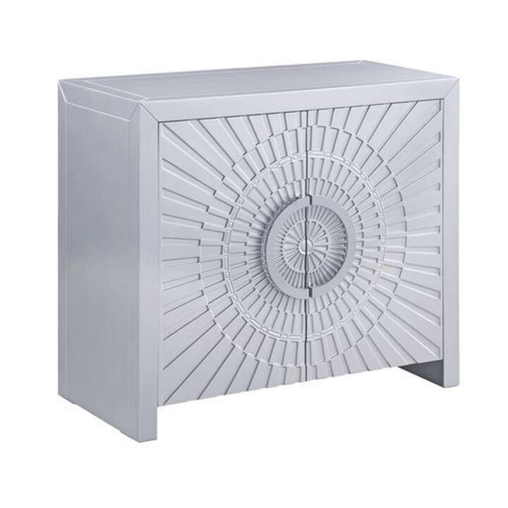 37 Inch 2 Door Wood Storage Cabinet Console Table, Sunburst Design, Silver-Benzara