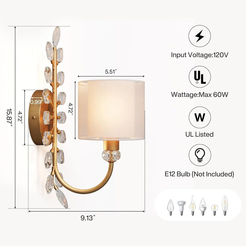 Gold Crystal Leaf Wall Sconce with Fabric Shade, Decorative Wall Light image number 2