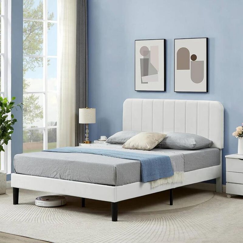 Hivvago Full size Blue Upholstered Platform Bed Frame with Headboard