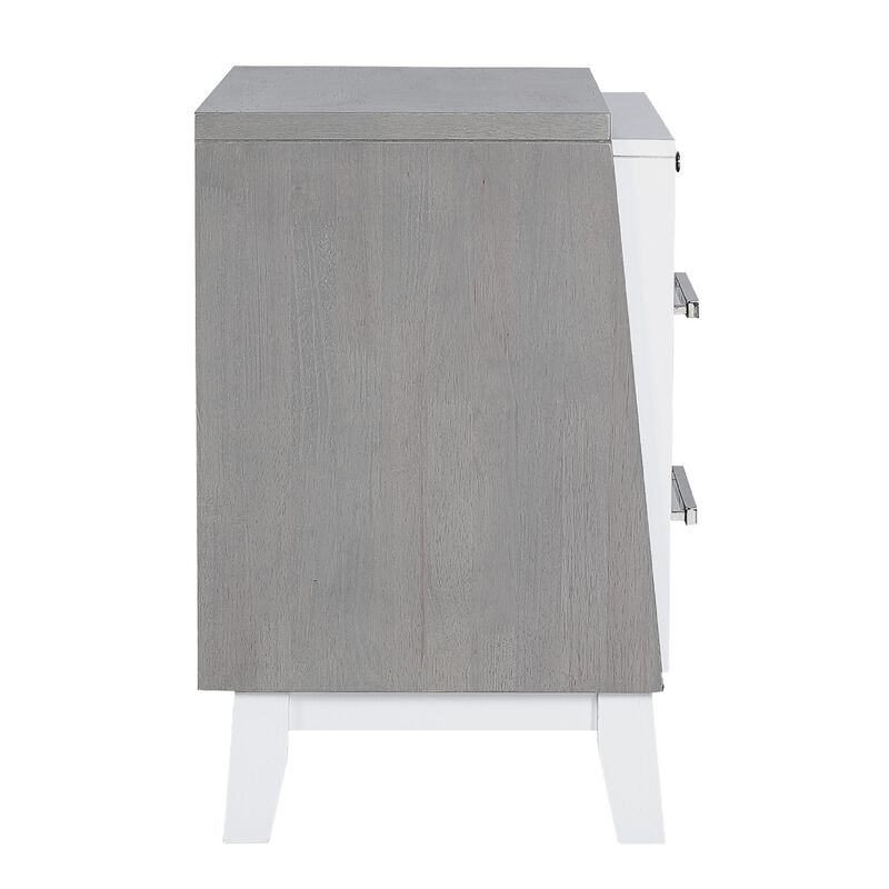 28 Inch High Profile Wood Nightstand with 2 Drawers and Pull Out Tray, Light Gray and White-Benzara