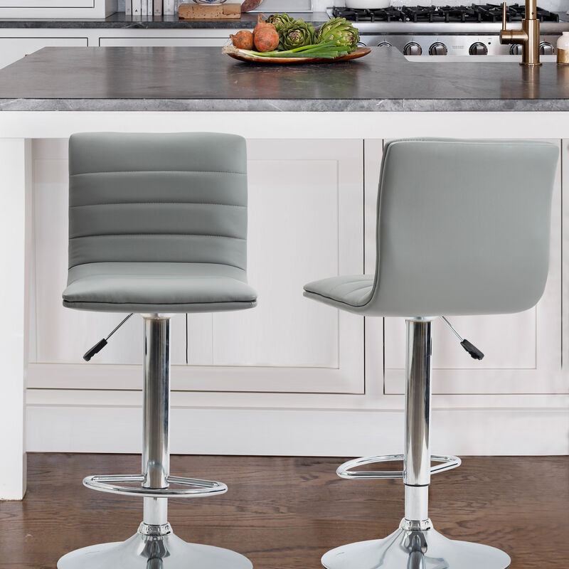Grey High Grey Chrome Metal Frame Adjustable Cushioned Bar Stool with Leather Seat (Set of 2)