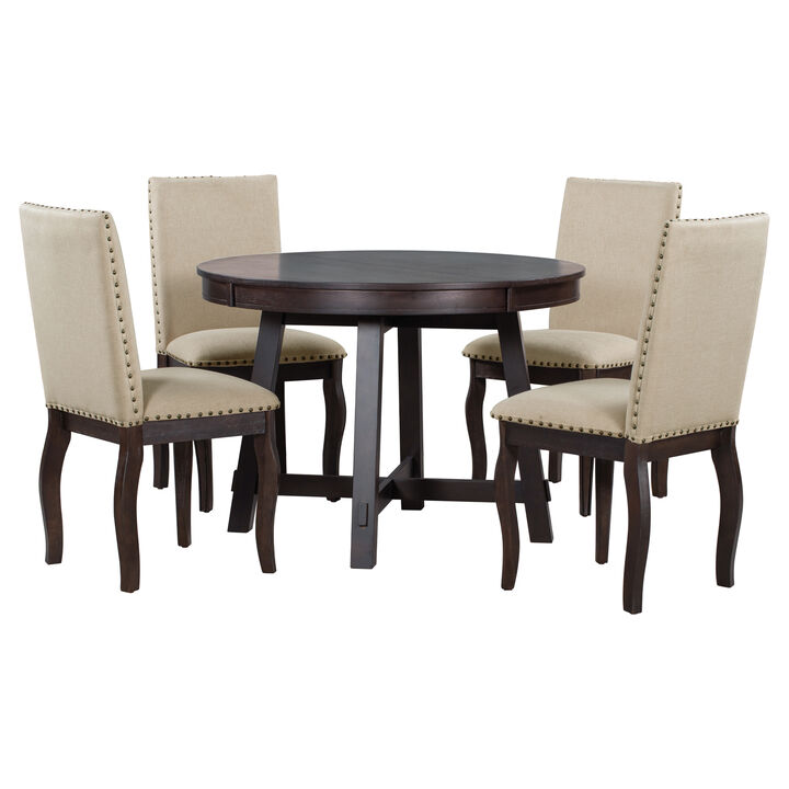 Whisen 5-Piece Farmhouse Dining Table Set with Extendable Dining Table and 4 Upholstered Dining Chairs