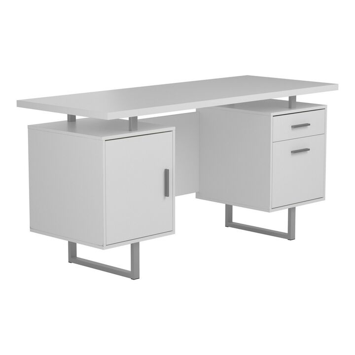 Wooden Office Desk with Floating Top and File Cabinet, White-Benzara