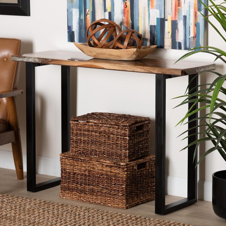 bali & pari Apio Wood Epoxy Resin Console Table with Glass Inlay - Rectangular Live Edge Teak Wood Accent Table with Black Metal Base, Modern Rustic Furniture for Living Room or Entryway