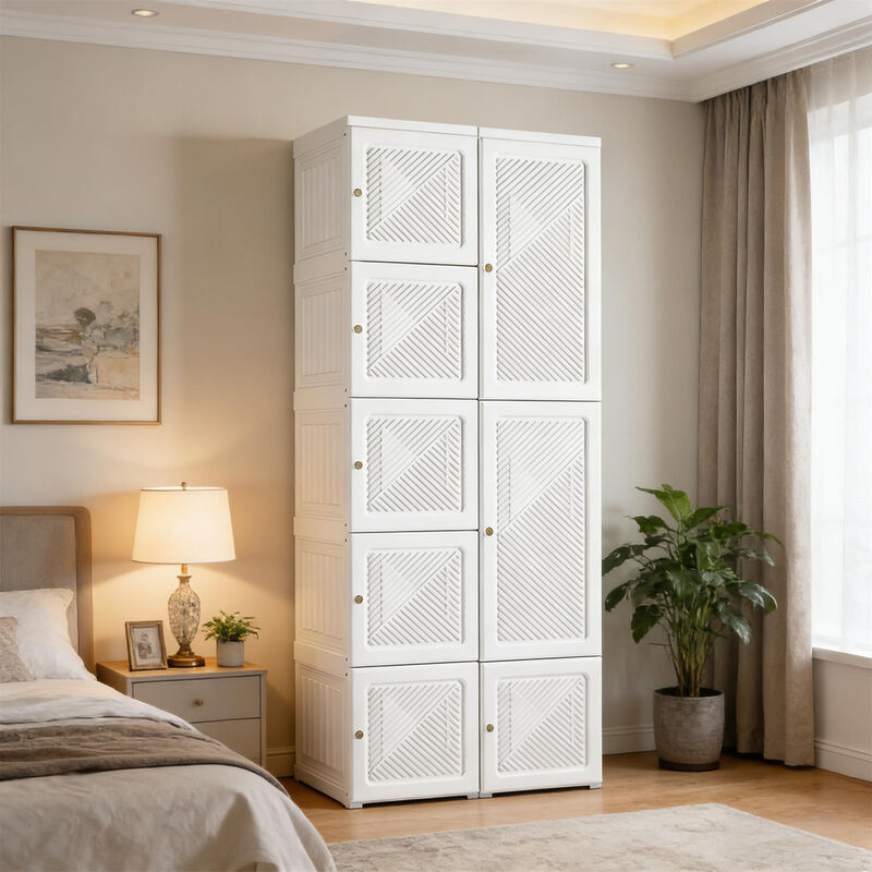 Portable Folding Wardrobe Storage Cabinet - 6 Compartments White Clothes Organizer for Entryway image number 1