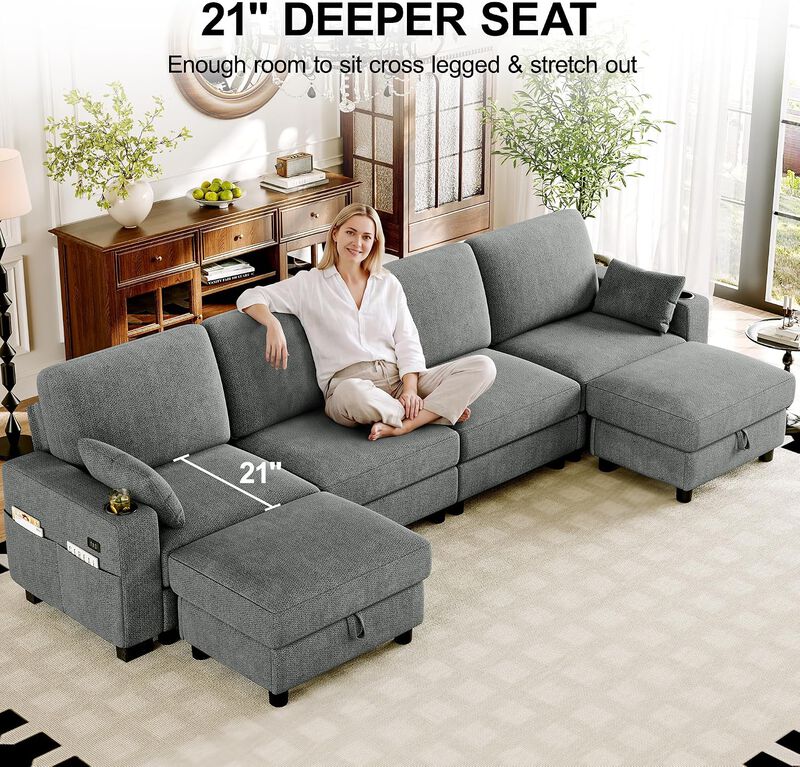 Vipbear 128" Modular Sectional Sofa, Chenille U Shaped Cloud Couch with Ottoman Adjustable Backrest image number 5