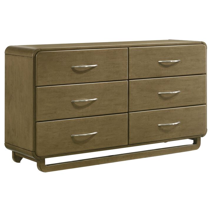 Deon Wide Dresser, 6 Drawers w Nickel Handles, Sled Legs, Nutmeg Brown - Benzara