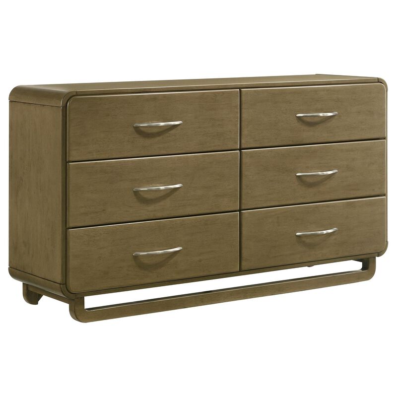 Deon Wide Dresser, 6 Drawers w Nickel Handles, Sled Legs, Nutmeg Brown - Benzara