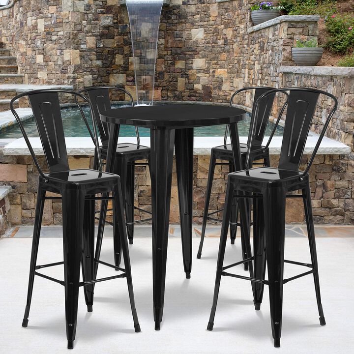 Flash Furniture Callum Commercial Grade 30" Round Black Metal Indoor-Outdoor Bar Table Set with 4 Cafe Stools