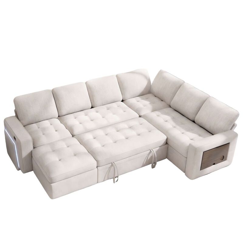 102" L-Shaped Chenille Modular Sectional Sleeper Sofa with Pullout Bed, Reclining Backrest, USB image number 0