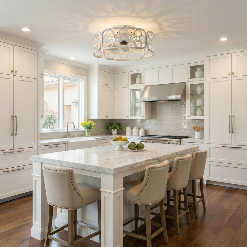 18" Farmhouse Distressed White Metal Caged Reversible Ceiling Fan with Light and Remote image number 3