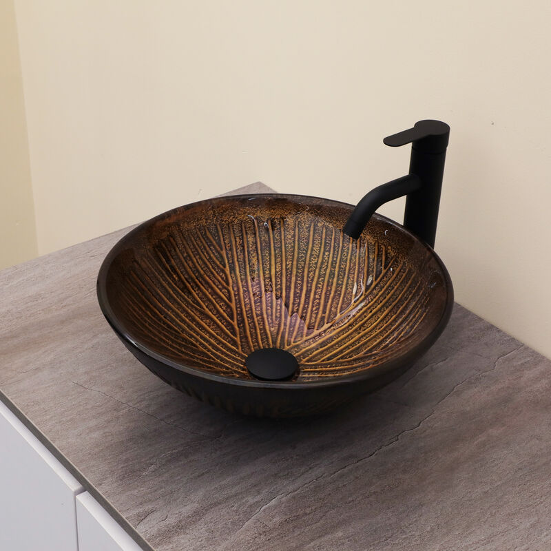 16.65 in. W x 16.65 in. D Above Countertop Round Bathroom Glass Vessel Sink Lavatory Art Basin with Drainer in Brown image number 2
