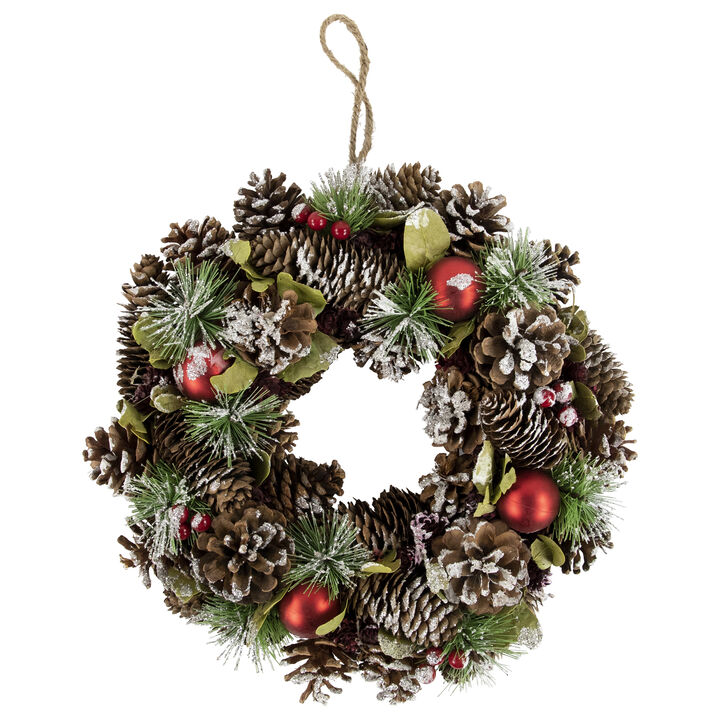 Red Ornament with Frosted and Glittered Pinecone and Pine Needle Christmas Wreath  13.5-Inch  Unlit