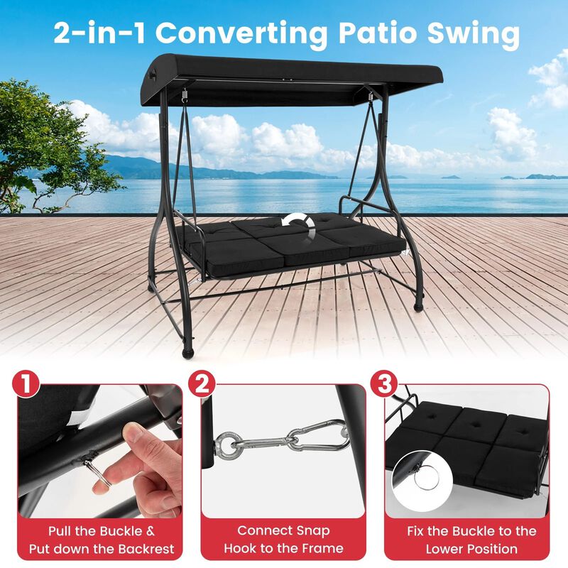 Mondawe 3 Seat Outdoor Converting Glider Porch Swing with Adjustable Canopy