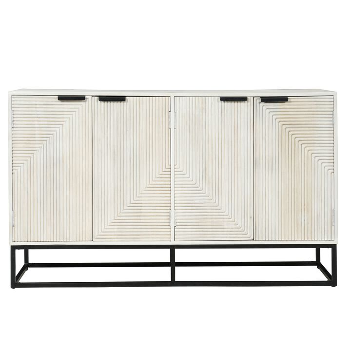 Seya 4 Door Sideboard Console, Fluted Front, Antique White Mango Wood, Black Iron Base, 60 Inch