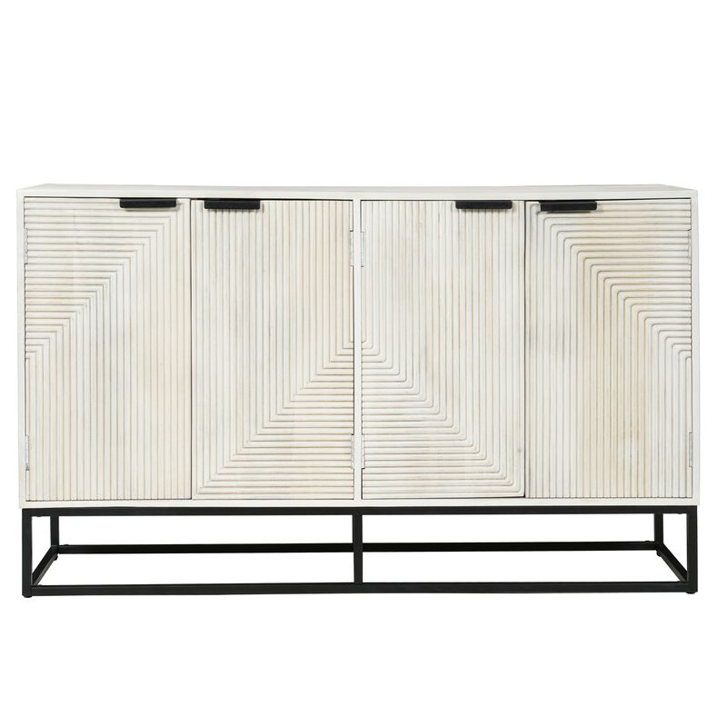 Seya 4 Door Sideboard Console, Fluted Front, Antique White Mango Wood, Black Iron Base, 60 Inch image number 0