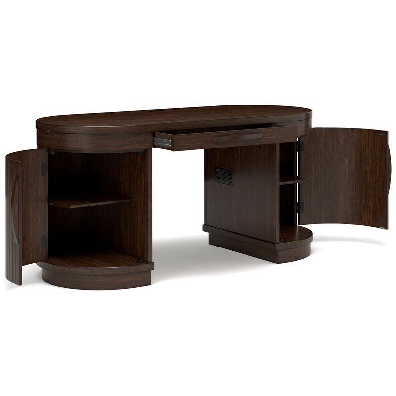 Jeno Home Office Desk, 2 Half Round Ribbed Doors, Brown Wood 63 Inch - Benzara