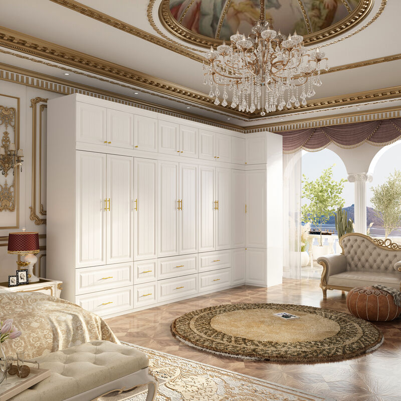 FUFU&GAGA Large Capacity Combined Wardrobe with Embossed Molded Doors, Multi-Functional Hidden Storage for Hanging and Folding Clothes, (144.9 in. W x 20.6 in. D x 93.9 in. H), White