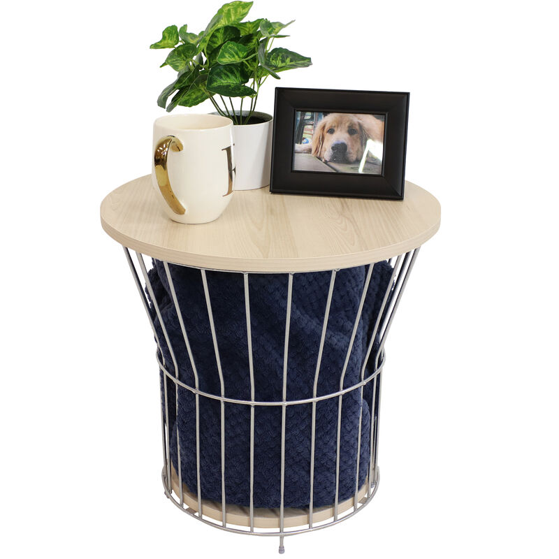 Sunnydaze Wire Pedestal End Table with MDF Pull-Open Tabletop