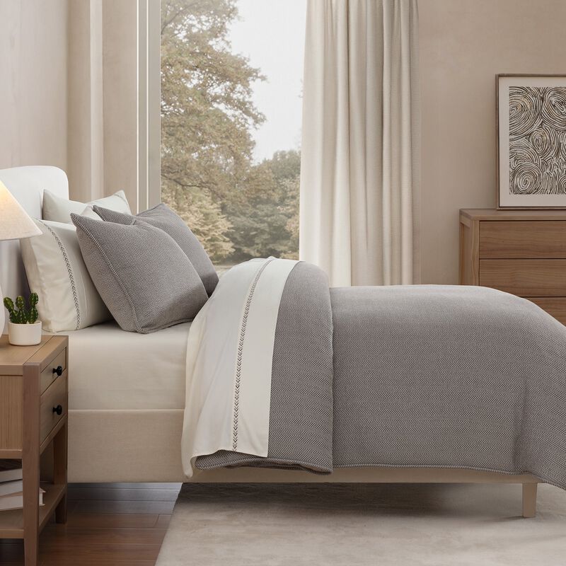 Chenille Herringbone Queen Taupe Duvet Cover Set image number 2