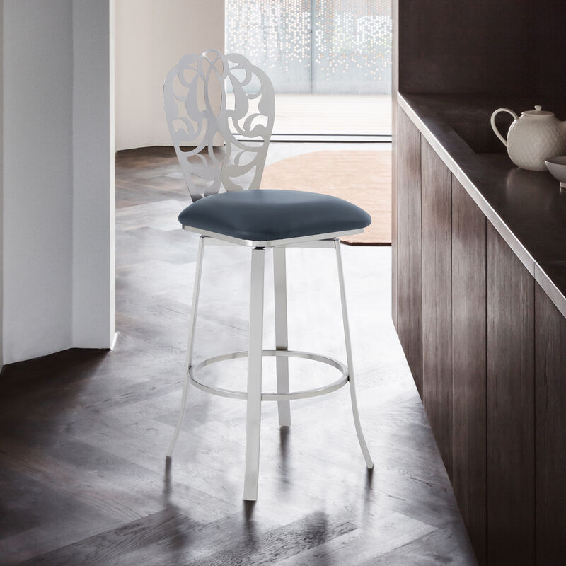 Cherie Contemporary Bar Height Barstool in Brushed Stainless Steel Finish and Black Faux Leather